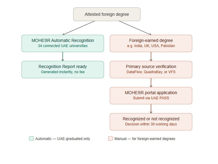 MOHESR Automatic Recognition vs manual equivalency certificate process for foreign degree holders in UAE