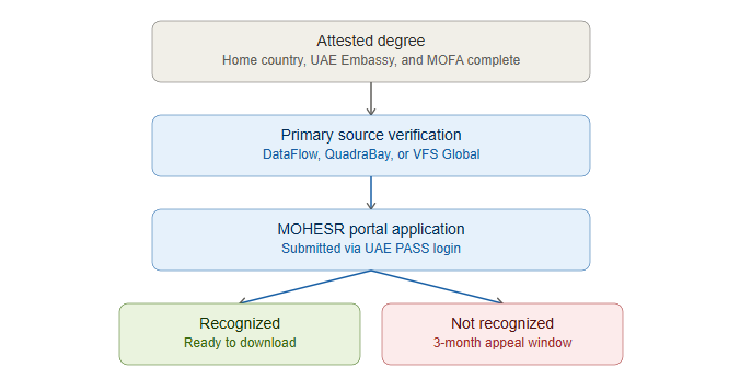 Step-by-step MOHESR equivalency certificate process from degree verification to Recognition Report