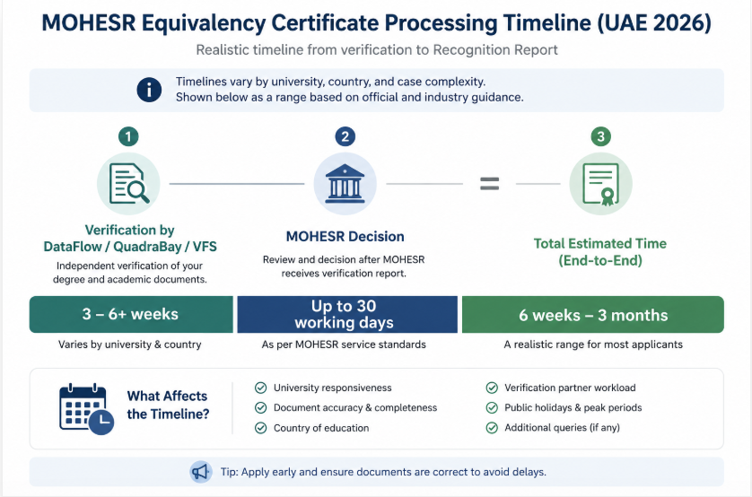 MOHESR equivalency certificate processing timeline UAE 2026